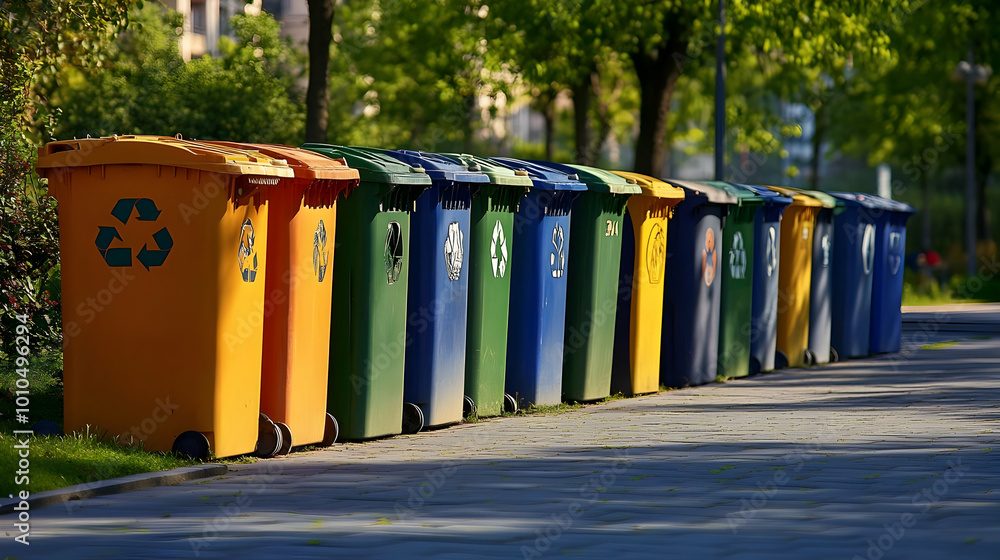 Recycling Bins Lined Up on a Sidewalk, Environmental Responsibility in Action Recycling Bins Lined Up on a Sidewalk, Environmental Responsibility in Action