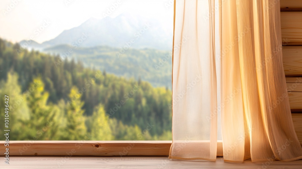 A sunlit view of a forested landscape through a curtain-draped window, showcasing nature's tranquility and scenic beauty. A sunlit view of a forested landscape through a curtain-draped window, showcasing nature's tranquility and scenic beauty.