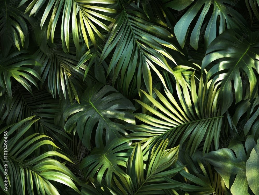 2408 86.A close-up view of deep green tropical palm leaves, casting soft shadows across each other. The rich texture of the leaves contrasts against the dark background, while rays of sunlight 2408 86.A close-up view of deep green tropical palm leaves, casting soft shadows across each other. The rich texture of the leaves contrasts against the dark background, while rays of sunlight
