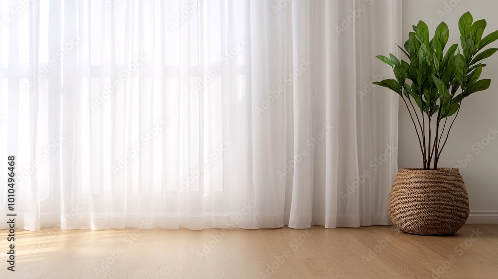 A serene interior scene featuring sheer curtains and a potted plant on a wooden floor, highlighting natural light and tranquility. A serene interior scene featuring sheer curtains and a potted plant on a wooden floor, highlighting natural light and tranquility.