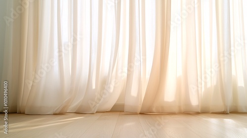 Soft  light fabric curtains gently drape in a sunlit room  creating an atmosphere of tranquility and elegance.