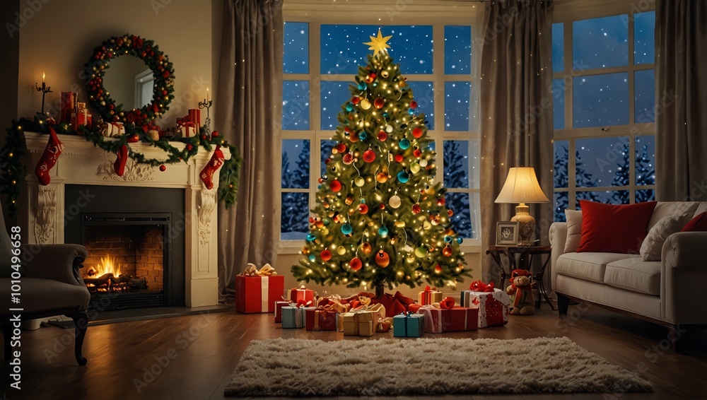 A Christmas tree fully decorated with balls and lights and presents inside a living room in Christmas day A Christmas tree fully decorated with balls and lights and presents inside a living room in Christmas day