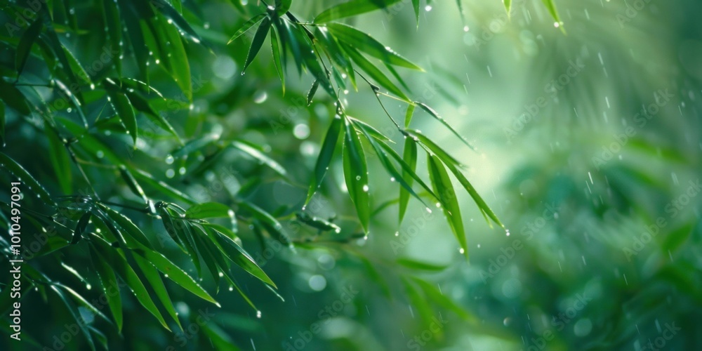 Bamboo leaves with raindrops in a lush green background, creating a serene and refreshing atmosphere Perfect for nature and tranquility themes Bamboo leaves with raindrops in a lush green background, creating a serene and refreshing atmosphere Perfect for nature and tranquility themes