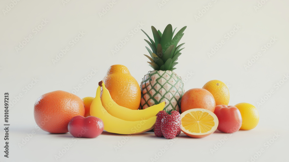 summer fruits collection, 3d render, isolated on white background summer fruits collection, 3d render, isolated on white background