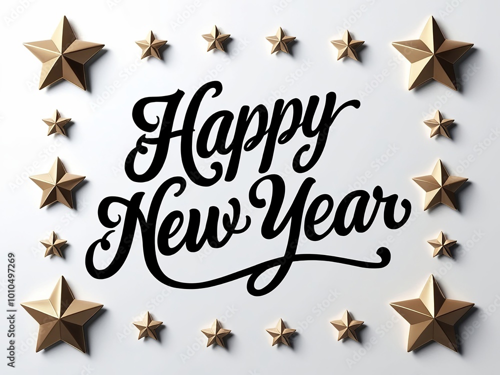 Happy New Year black handwritten Calligraphy text with 3D golden stars on a white background. Made with generative AI technology Happy New Year black handwritten Calligraphy text with 3D golden stars on a white background. Made with generative AI technology