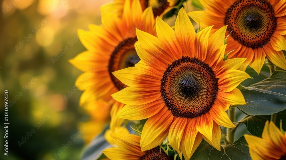 A close-up of sunflowers with bold lines and a warm color palette of yellows and oranges, capturing the vibrant and energetic essence of summer. A close-up of sunflowers with bold lines and a warm color palette of yellows and oranges, capturing the vibrant and energetic essence of summer.
