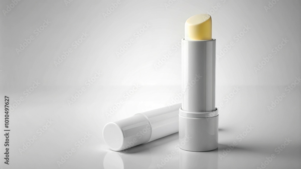 Facial cosmetics mockup of white lipstick tube with chapstick or lip balm isolated at tilted angle Facial cosmetics mockup of white lipstick tube with chapstick or lip balm isolated at tilted angle