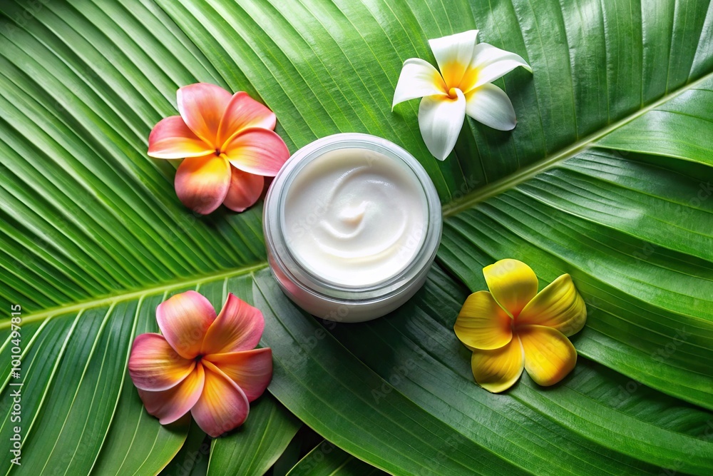 facial moisturizing cream on tropical leaves and flowers from above facial moisturizing cream on tropical leaves and flowers from above