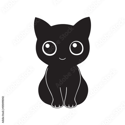 Cute cartoon cat, a solid black silhouette