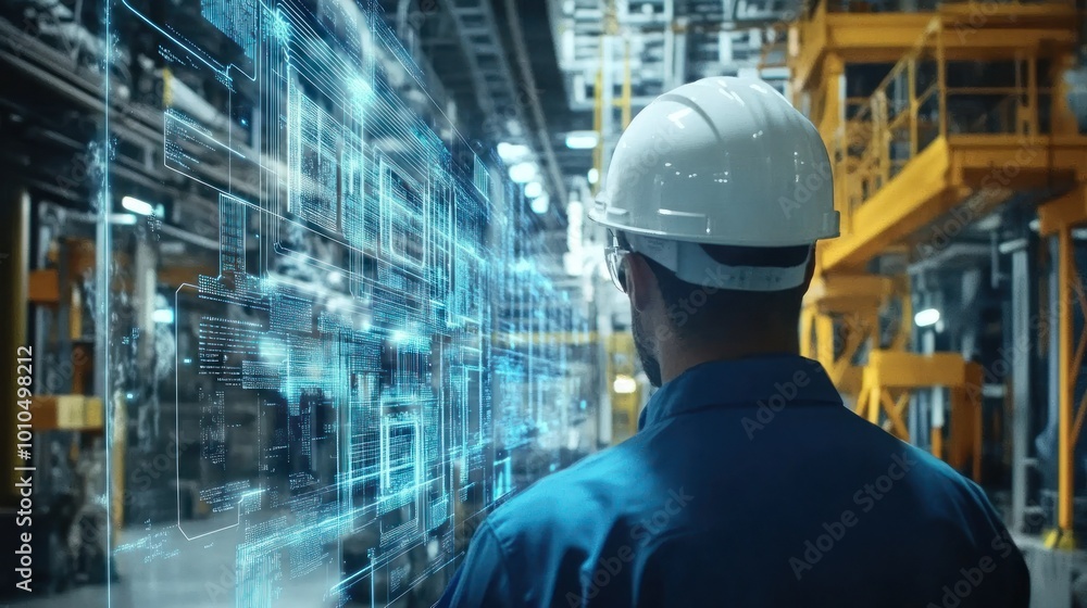 Industrial Worker Observing Holographic Digital Interface Industrial Worker Observing Holographic Digital Interface