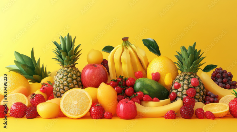 Vibrant Fruit Still Life with Yellow Background Vibrant Fruit Still Life with Yellow Background