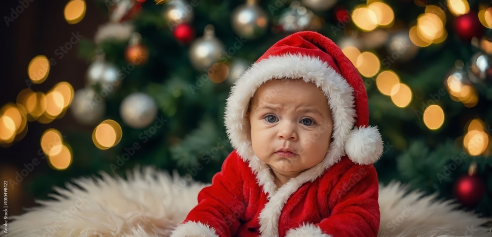 Adorable little baby boy in a red christmas outfit sitting on a soft fake fur in front of a christmas tree Adorable little baby boy in a red christmas outfit sitting on a soft fake fur in front of a christmas tree