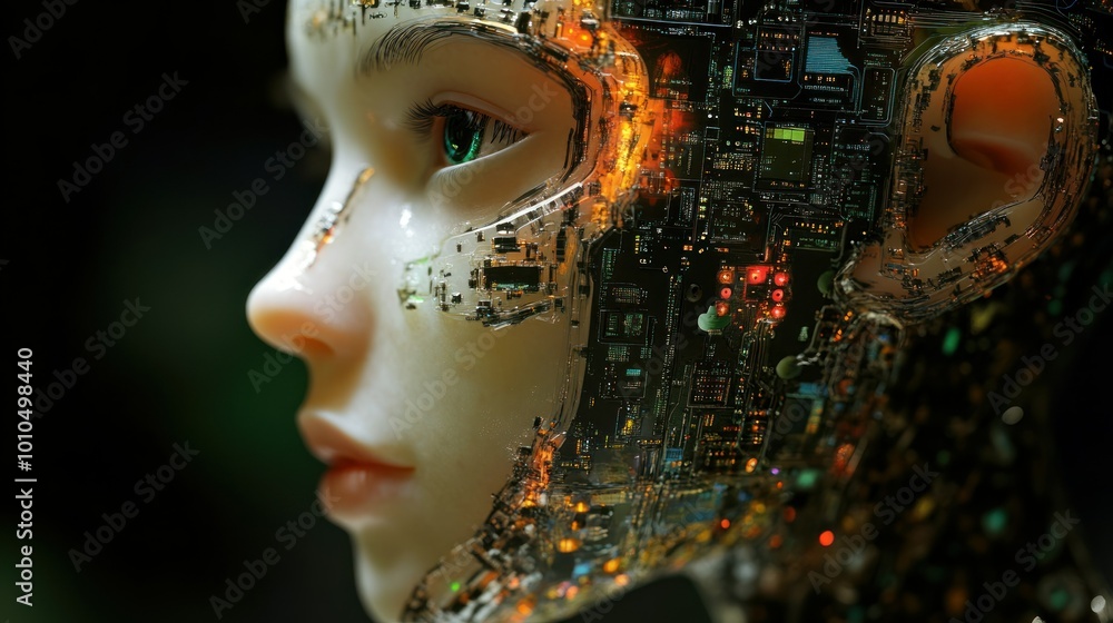 A Cyborg Woman with Circuitry and Glow in Her Head A Cyborg Woman with Circuitry and Glow in Her Head
