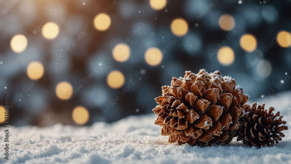 Banner Of Frosty Pine Cone On Snow With Bright Shining Star And Soft Bokeh Background - Christmas Concept Banner Of Frosty Pine Cone On Snow With Bright Shining Star And Soft Bokeh Background - Christmas Concept