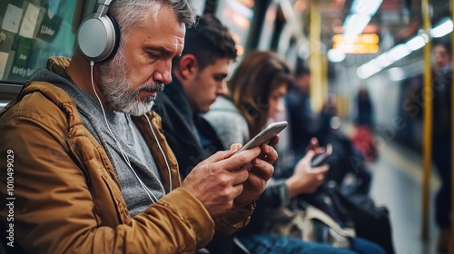 Man Using Phone While Riding Subway Train