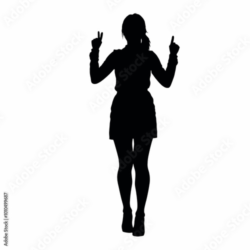 A silhouette of a woman standing with her arms raised, giving a thumbs up gesture