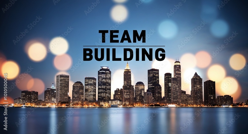 team building lettering on business concept urban city skyline blurred lights bokeh background team building lettering on business concept urban city skyline blurred lights bokeh background