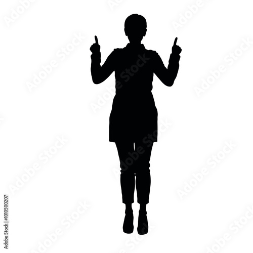 A silhouette of a woman standing with her arms raised, giving a thumbs up gesture