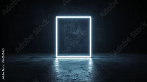 A glowing neon rectangular frame in a dark, atmospheric setting, creating a sense of depth and intrigue.