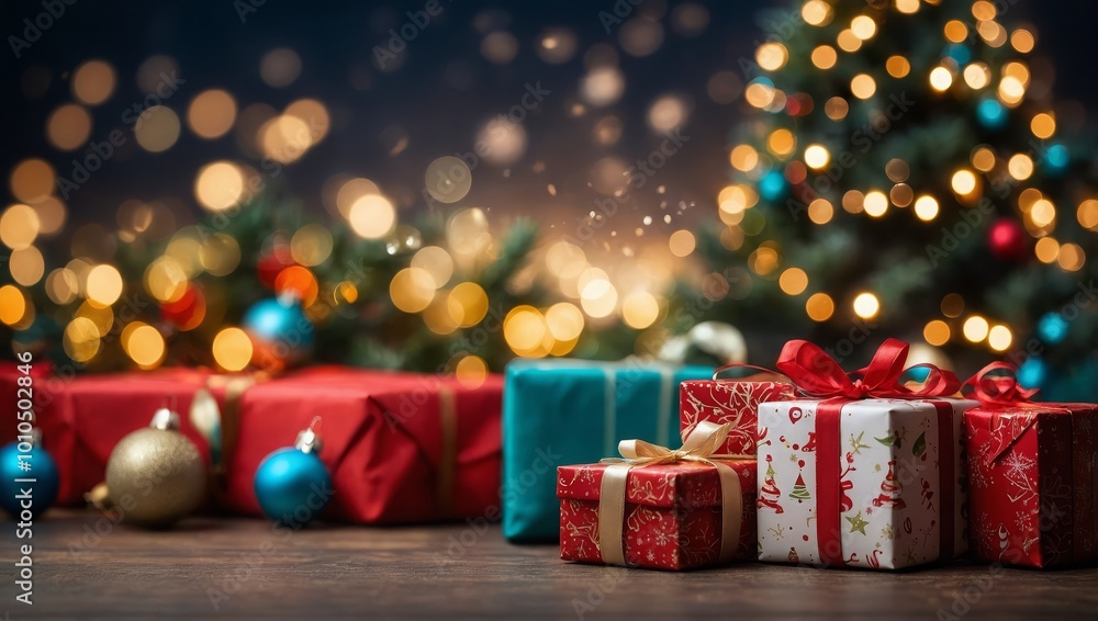 Christmas backdrop for photo studio, christmas tree, presents and toys Christmas backdrop for photo studio, christmas tree, presents and toys