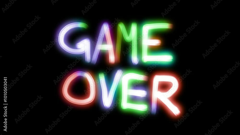 game over text glowing on black background. neon video game over text glowing on black background. neon video