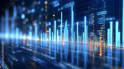 Abstract Digital Data Visualization with Blue and Orange Glowing Bars on a Black Background