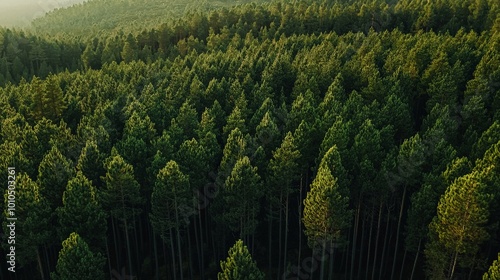 A panoramic shot of a pine tree plantation in a forested area, with tall trees creating a canopy of green