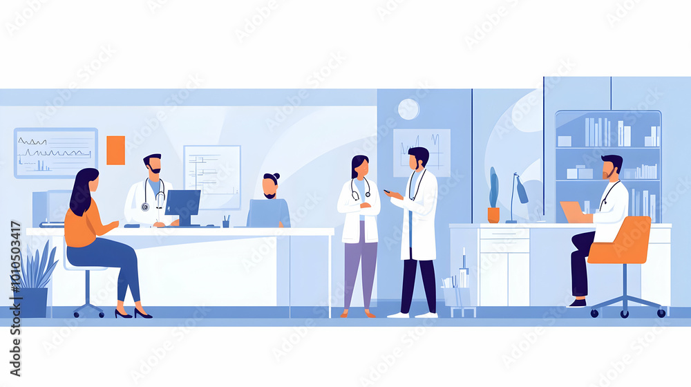 Illustration of a Busy Doctor's Office with Doctors Examining Patients and Reviewing Charts Illustration of a Busy Doctor's Office with Doctors Examining Patients and Reviewing Charts