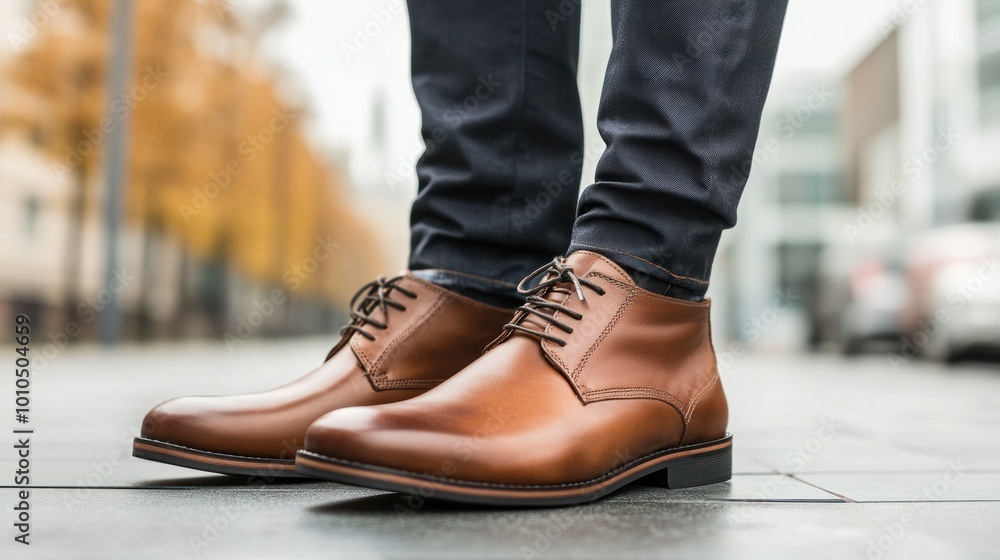 Close-up of a pair of brown leather lace-up shoes worn by a person standing on a tiled surface Close-up of a pair of brown leather lace-up shoes worn by a person standing on a tiled surface
