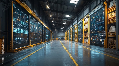 Augmented reality screen showcasing smart logistics operations in a futuristic distribution warehouse