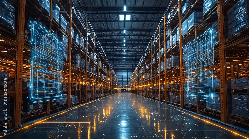 Obraz premium Augmented reality display showing smart logistics processes in a futuristic global distribution center