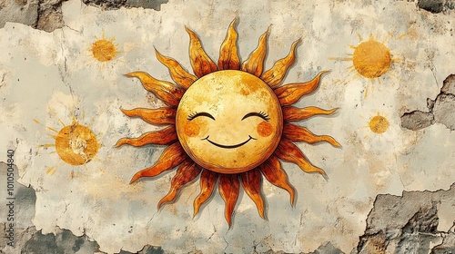 A stylized sun clipart with a smiling face and bold rays, placed on a light, neutral background.