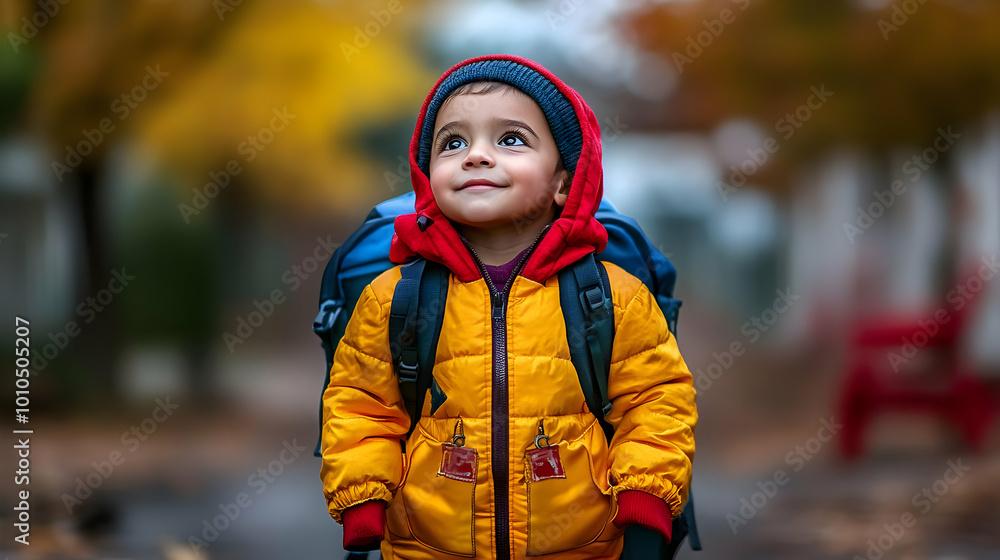 Little Boy in Yellow Jacket Looks Up, Autumn Day Little Boy in Yellow Jacket Looks Up, Autumn Day