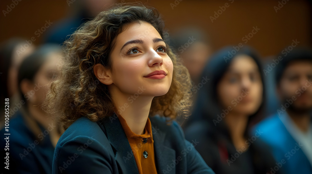 Woman with Curly Hair Smiles Up at a Speaker Woman with Curly Hair Smiles Up at a Speaker