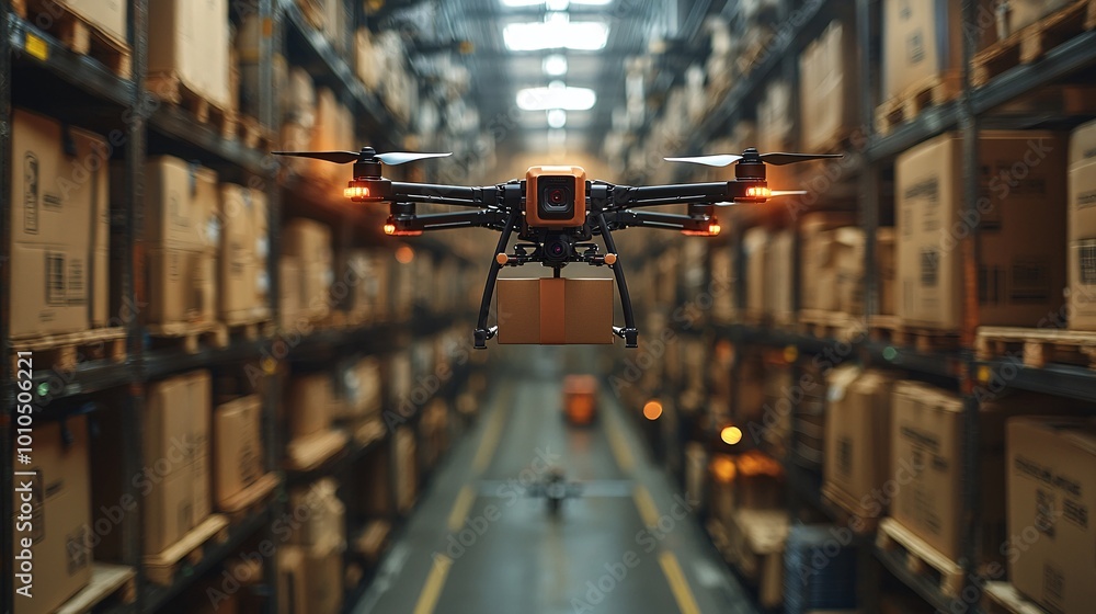 A high-tech logistics hub visualized through AR with drones and smart packaging systems A high-tech logistics hub visualized through AR with drones and smart packaging systems