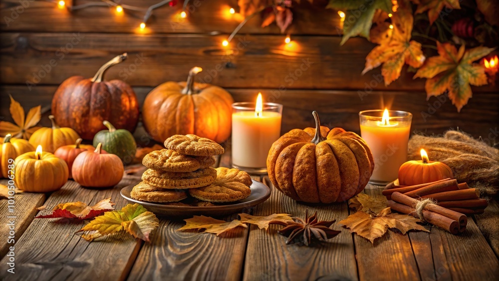Festive autumn table with cookies and pumpkins on wood table Festive autumn table with cookies and pumpkins on wood table