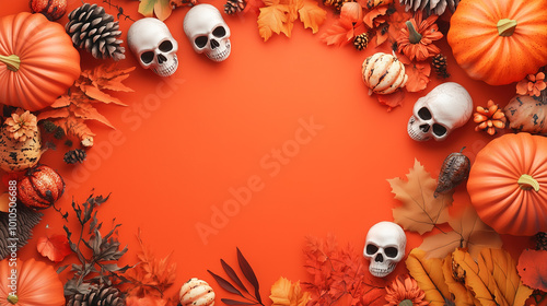 Top View with Pumpkins Skulls and Plants on Bright Orange Background photo