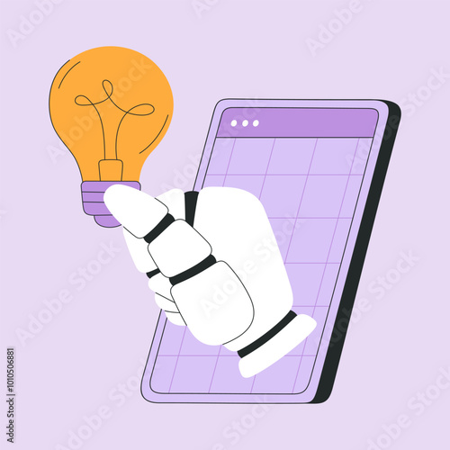 AI chat bot generate creative ideas, robotic hand holds a light bulb in smartphone, human assistant helps to brainstorm, find solution for business. Flat vector illustration on isolated background