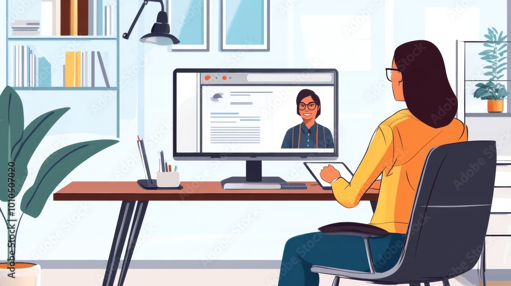 Woman in a Home Office, Attending a Video Call Woman in a Home Office, Attending a Video Call