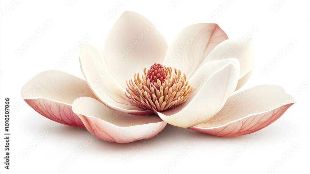 A single, delicate magnolia flower with six petals, a light pink hue, and a yellow center, isolated on a white background. A single, delicate magnolia flower with six petals, a light pink hue, and a yellow center, isolated on a white background.