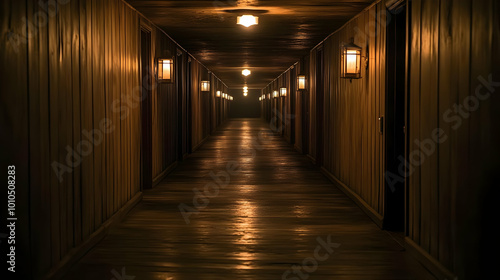 Dark Wooden Hallway with Glowing Lights