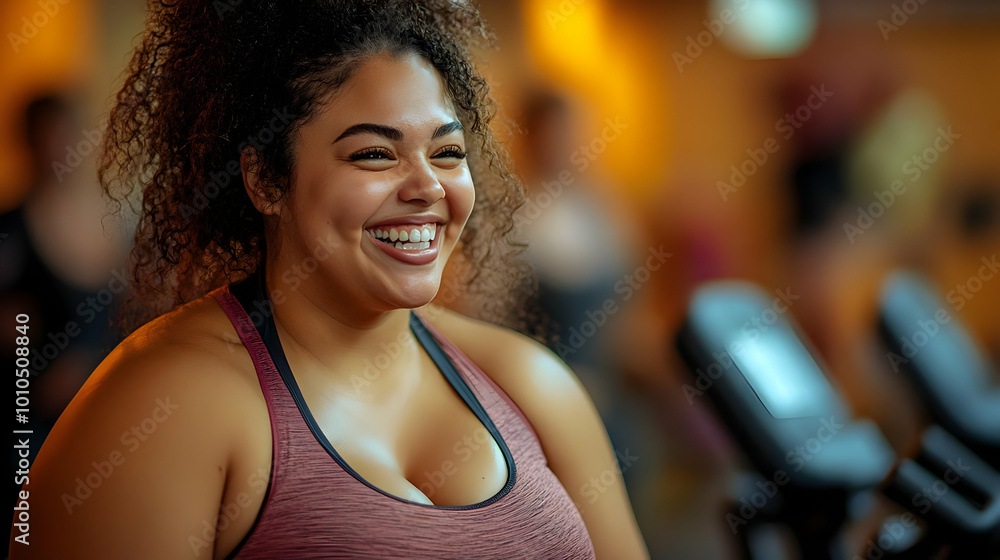 Smiling Woman Exercises at the Gym, Enjoying Fitness Routine Smiling Woman Exercises at the Gym, Enjoying Fitness Routine