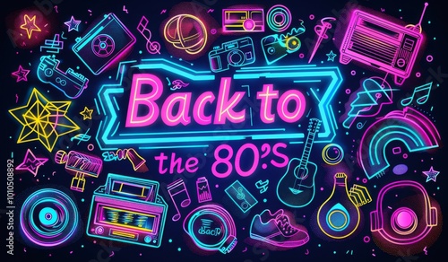 A vibrant and colorful "Back to the 80's" banner with neon colors, featuring iconic elements from that era such as vintage cameras, cassette tapes, boomboxes, headphones, geometric patterns, stars, an