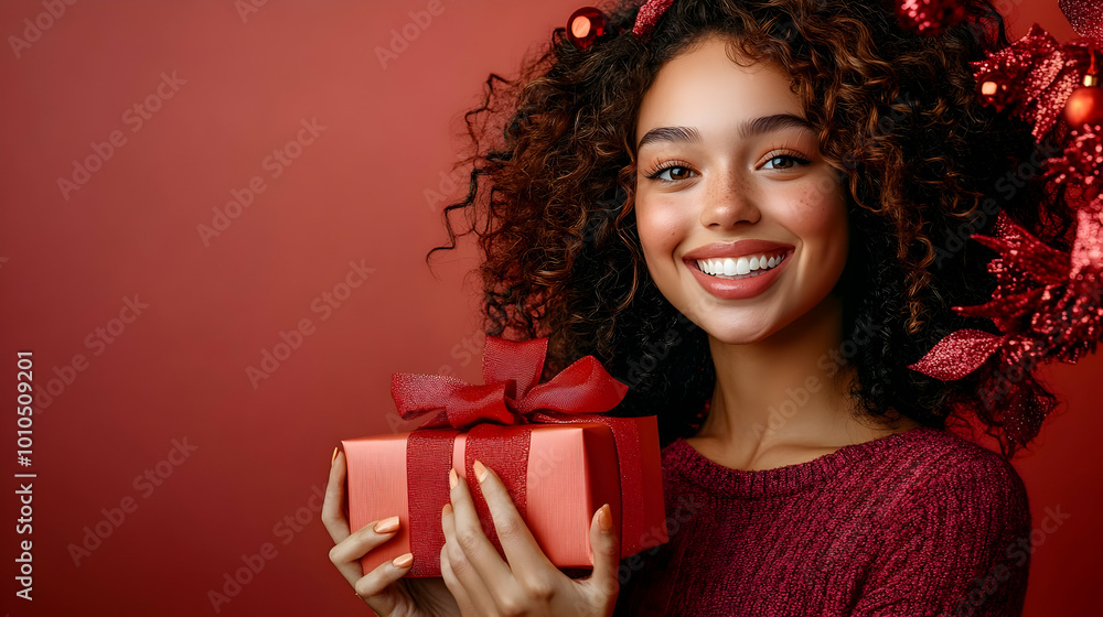 Smiling Woman Holding Red Gift Box for Holiday Celebration Smiling Woman Holding Red Gift Box for Holiday Celebration