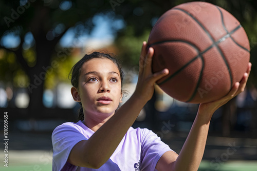 Portrait of a young girl playing basketball in the park photo