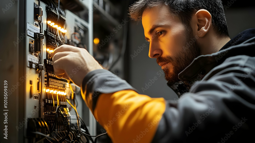 Electrician Working on Electrical Panel with Wires and Lights Electrician Working on Electrical Panel with Wires and Lights