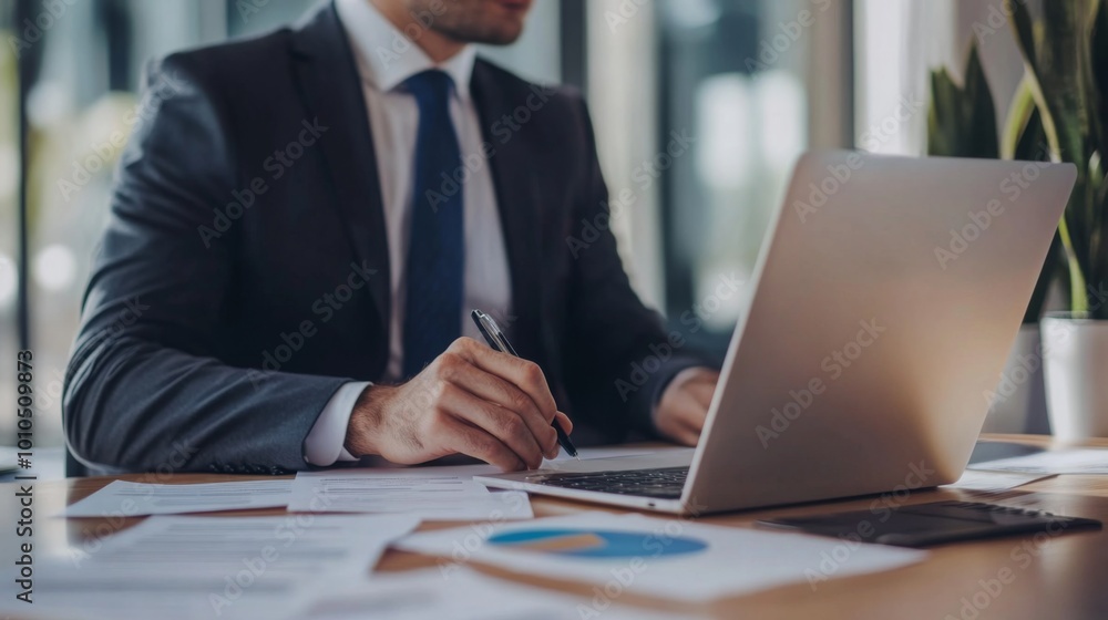 Businessman Working at a Desk with Papers, a Laptop, and a Pen Businessman Working at a Desk with Papers, a Laptop, and a Pen