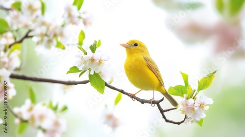 Beautiful Yellow Songbird Perched on Flowering Tree Branch in Spring Nature Scenery