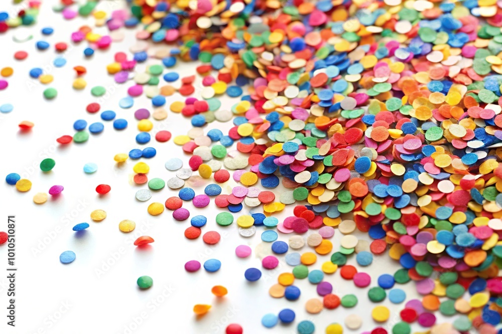 Festive confetti falling on white background for holiday celebration Festive confetti falling on white background for holiday celebration