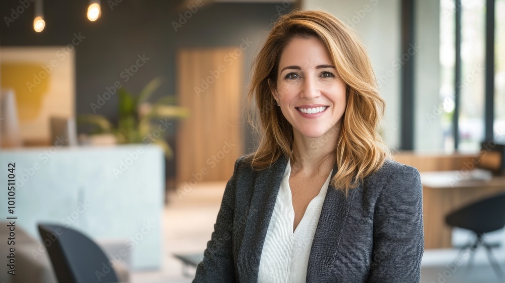 Portrait of a Smiling Woman in a Modern Office Setting Portrait of a Smiling Woman in a Modern Office Setting